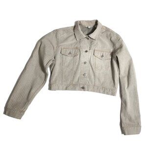 Ann Taylor Womens Sandshell Cropped Cotton HerringboneStriped Denim Jacket SizeM